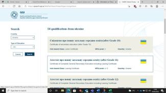 Screenshot of Ukrainian qualifications in NARIC database