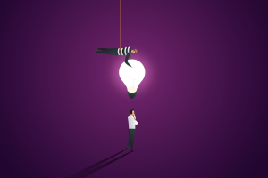 Illustration showing a standing figure against a purple background in a thoughtful posture, illuminated by a light bulb above his head. A figure is suspended from above, dressed in a black and white striped top and attempting to steal the lightbulb