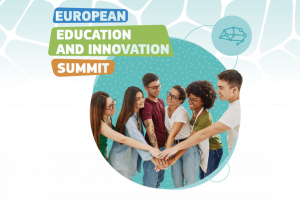 Group of young people putting hands in together and smiling against an aquamarine background with event title European Education and Innovation Summit